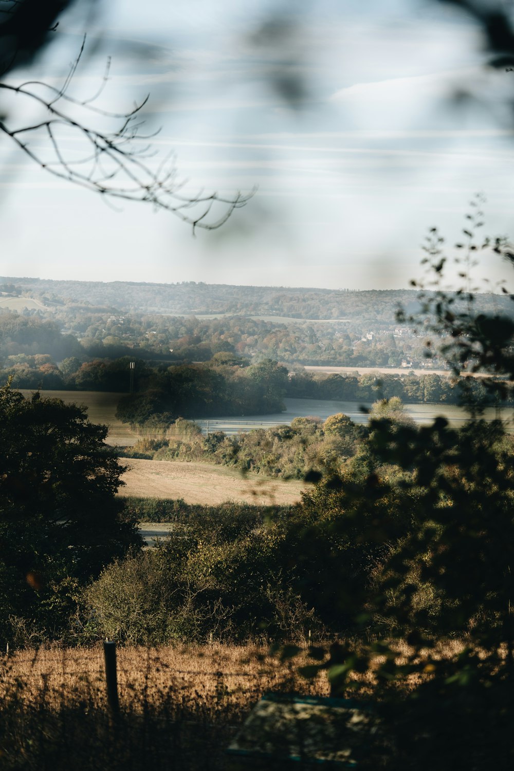 a view of a field with a lake in the distance