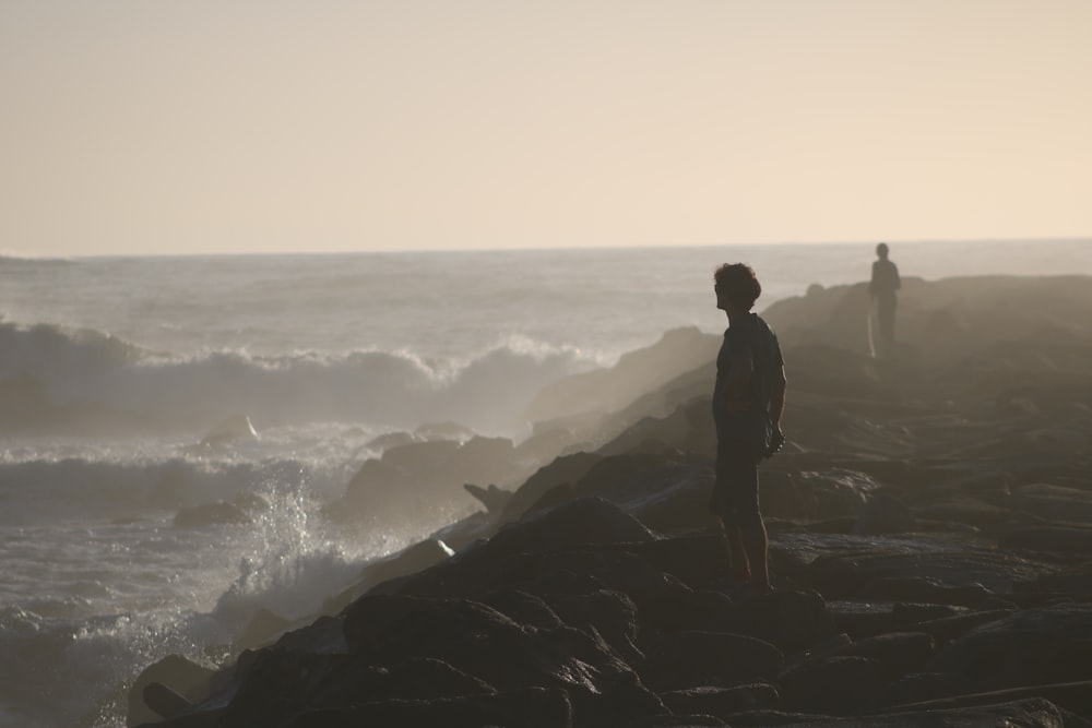 a person standing on a rocky shore next to the ocean