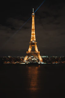 the eiffel tower lit up at night