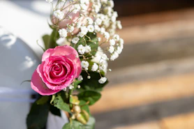 a pink rose and white baby's breath in a vase
