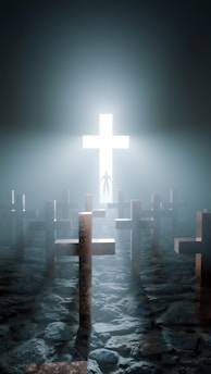 a cross in the middle of a body of water