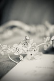 A delicate floral headpiece with intricate designs featuring small flowers and leaves, accompanied by a diamond ring in a soft-focus background that exudes elegance and grace.