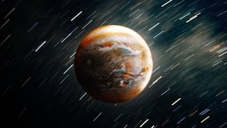 A detailed view of a planet with swirling cloud patterns and colorful atmospheric bands, set against a backdrop of blurred motion streaks suggesting rapid movement in space.