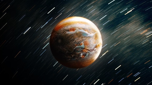 A detailed view of a planet with swirling cloud patterns and colorful atmospheric bands, set against a backdrop of blurred motion streaks suggesting rapid movement in space.