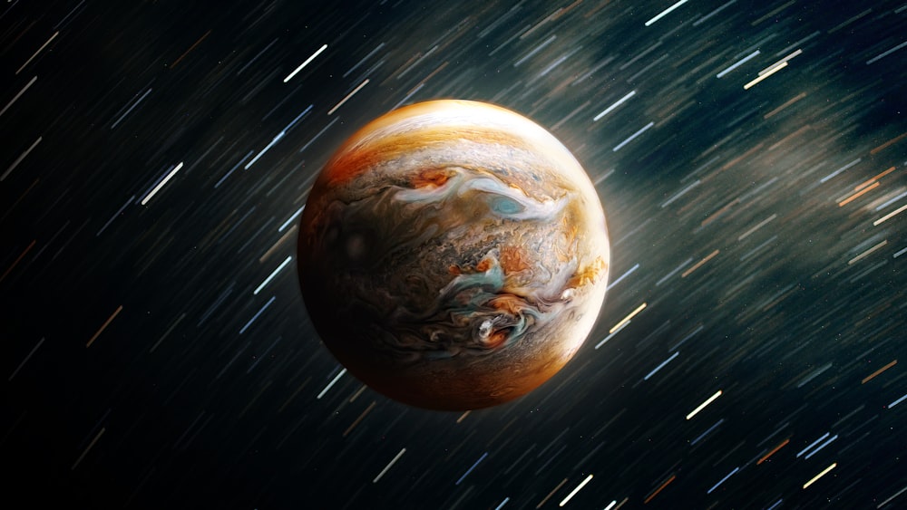 a planet with a star trail in the background