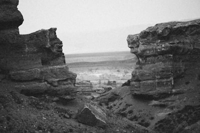 A black and white photograph showcasing a stunning landscape.
