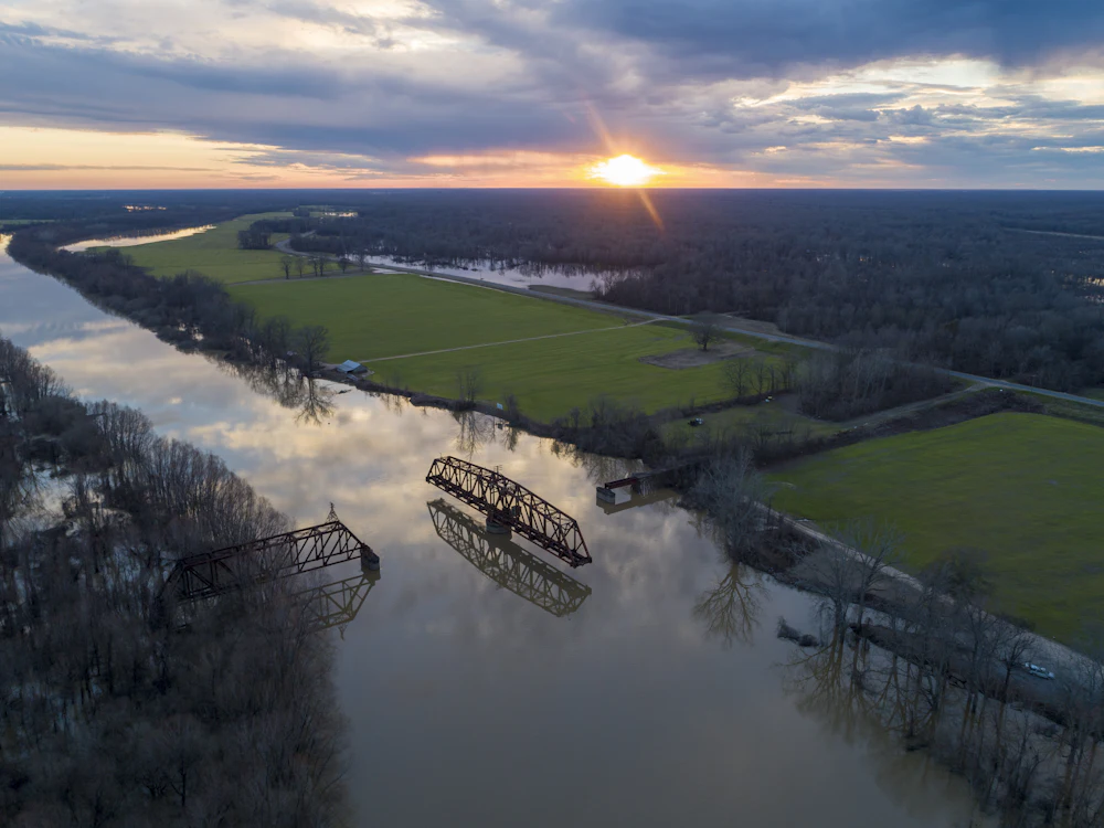 Aerial view of the Mississippi River and a bridge