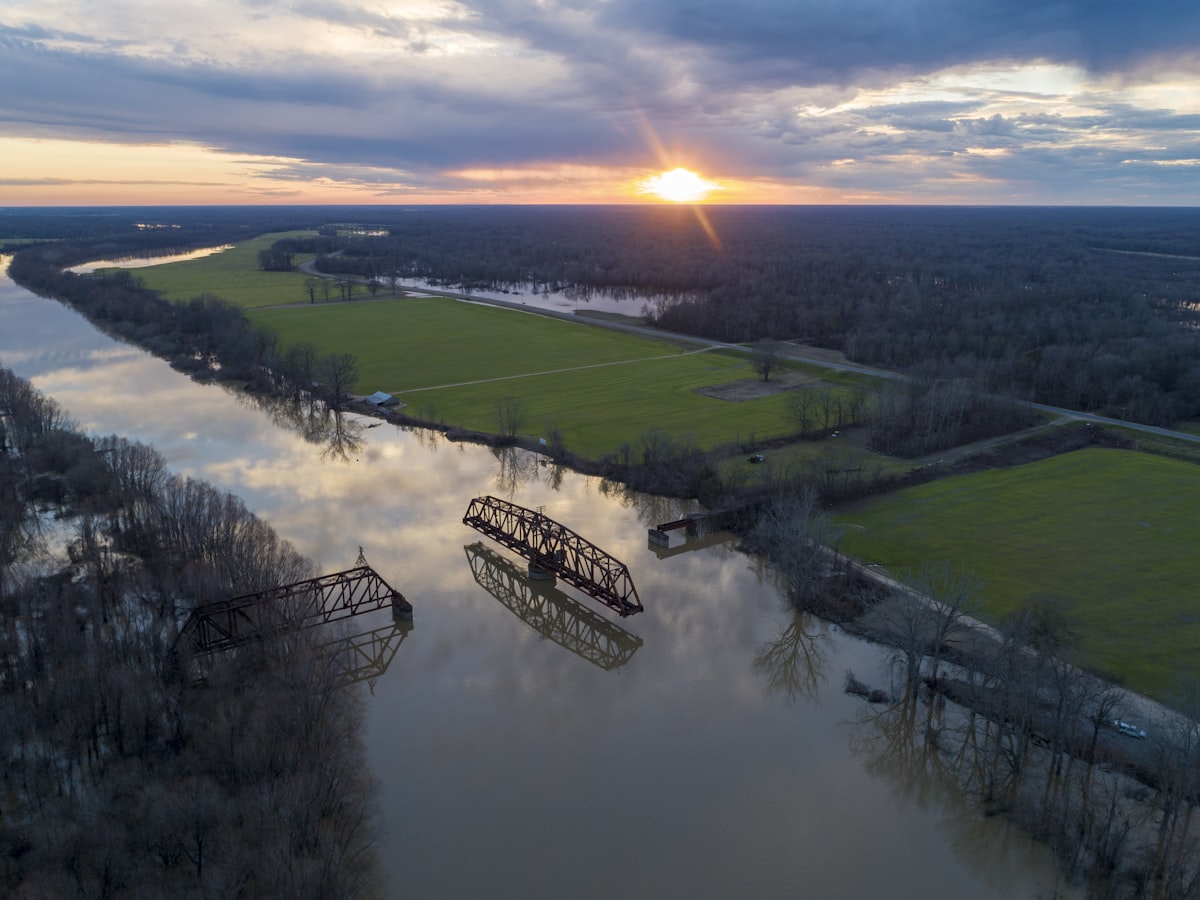 Aerial sunset view of the Mississippi River near Redwood, Mississippi, representing Planifyr's local SEO coverage across Mississippi