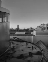 A serene black and white urban landscape with sharp architectural lines.