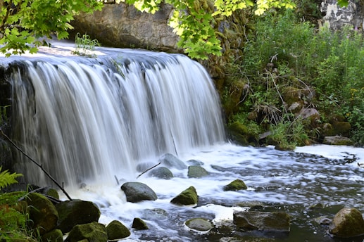 a small waterfall in the middle of a forest