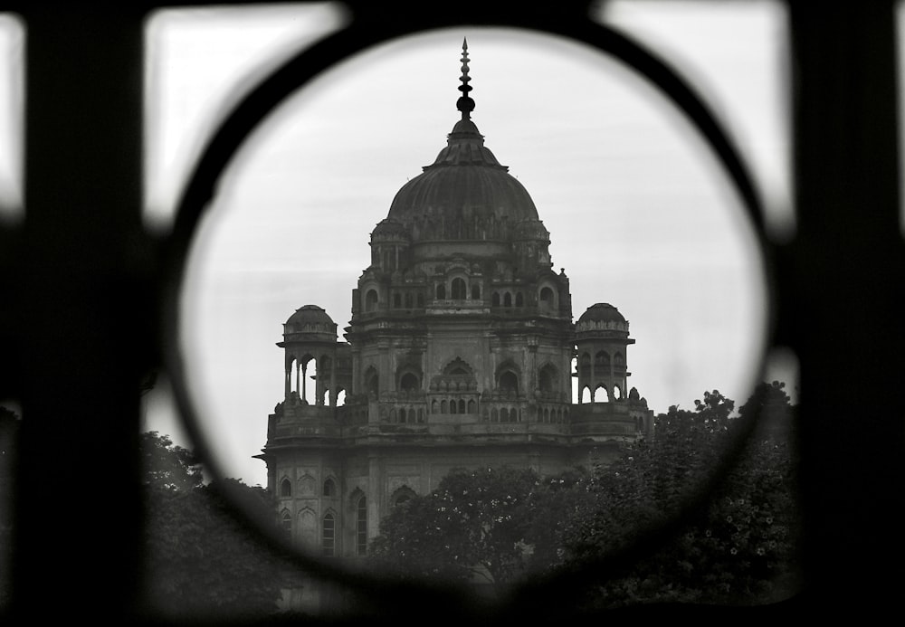 a view of a building through a window