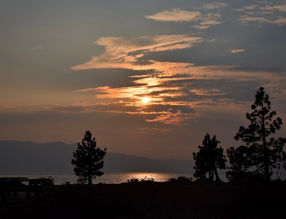 the sun is setting over the water and trees