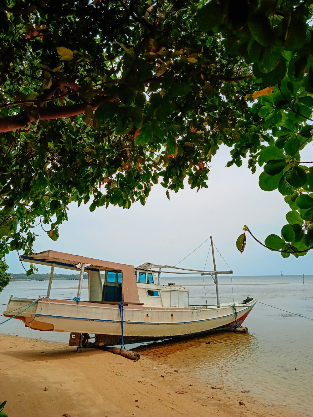 a boat sitting on top of a sandy beach