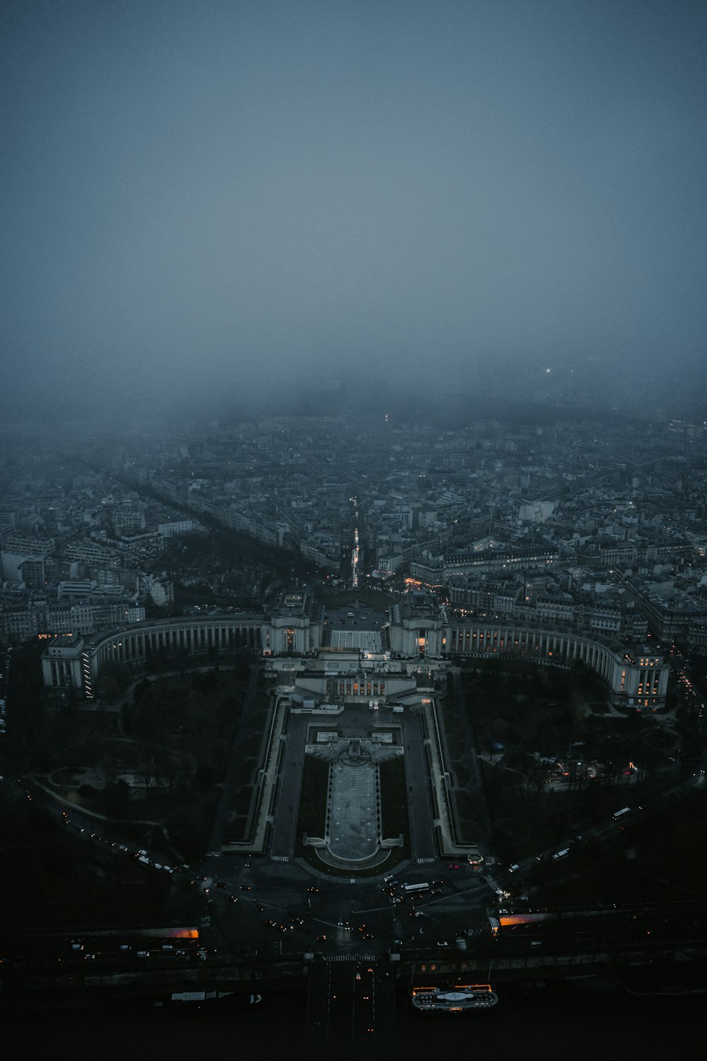 an aerial view of a city at night