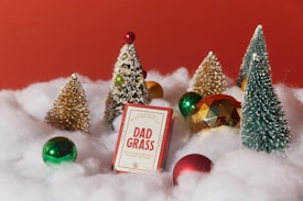 A holiday-themed arrangement featuring miniature artificial Christmas trees and colorful ornaments nestled in fluffy white material resembling snow. A rectangular package labeled 'Dad Grass' is prominently positioned in the center, surrounded by festive decorations. The backdrop is a warm, solid red color, enhancing the seasonal atmosphere.