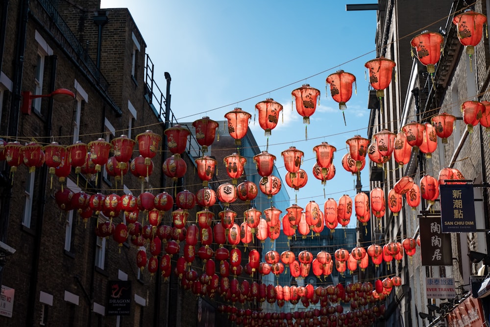 a bunch of red lanterns hanging from a line