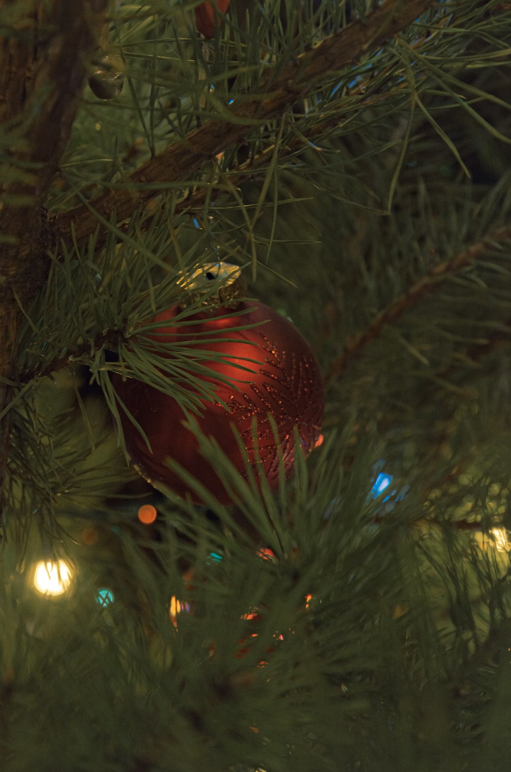 a red ornament hanging from a christmas tree