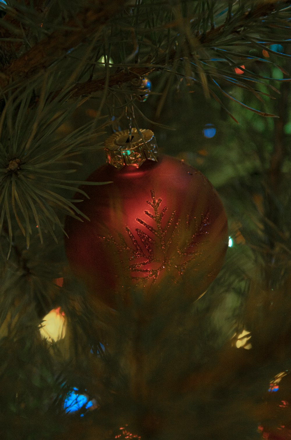 a red ornament hanging from a christmas tree