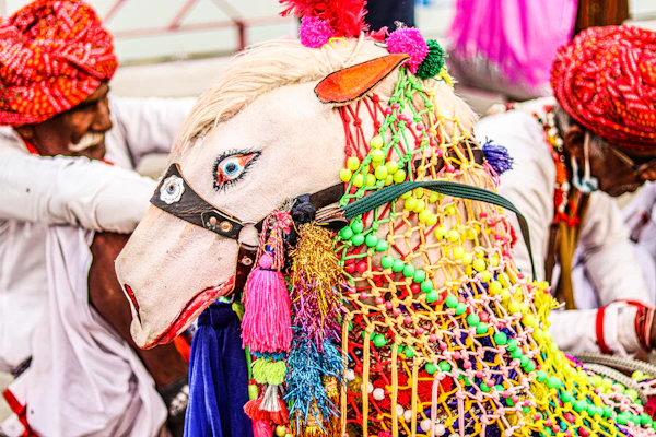 A man on horseback in traditional Rajasthani dress