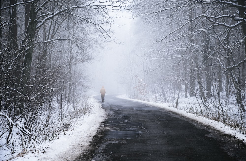 a person walking down a snow covered road