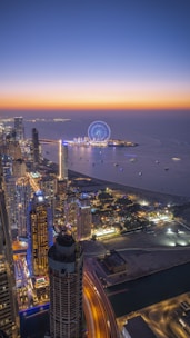 an aerial view of a city at night