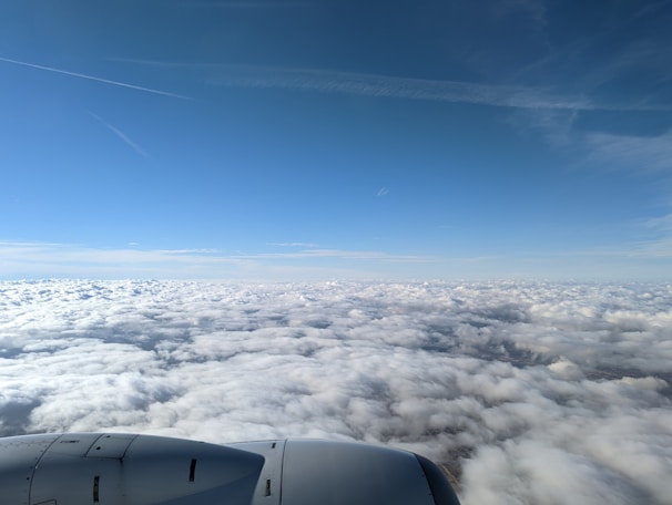 Aerial view of an Avator Airlines plane soaring above fluffy white clouds.