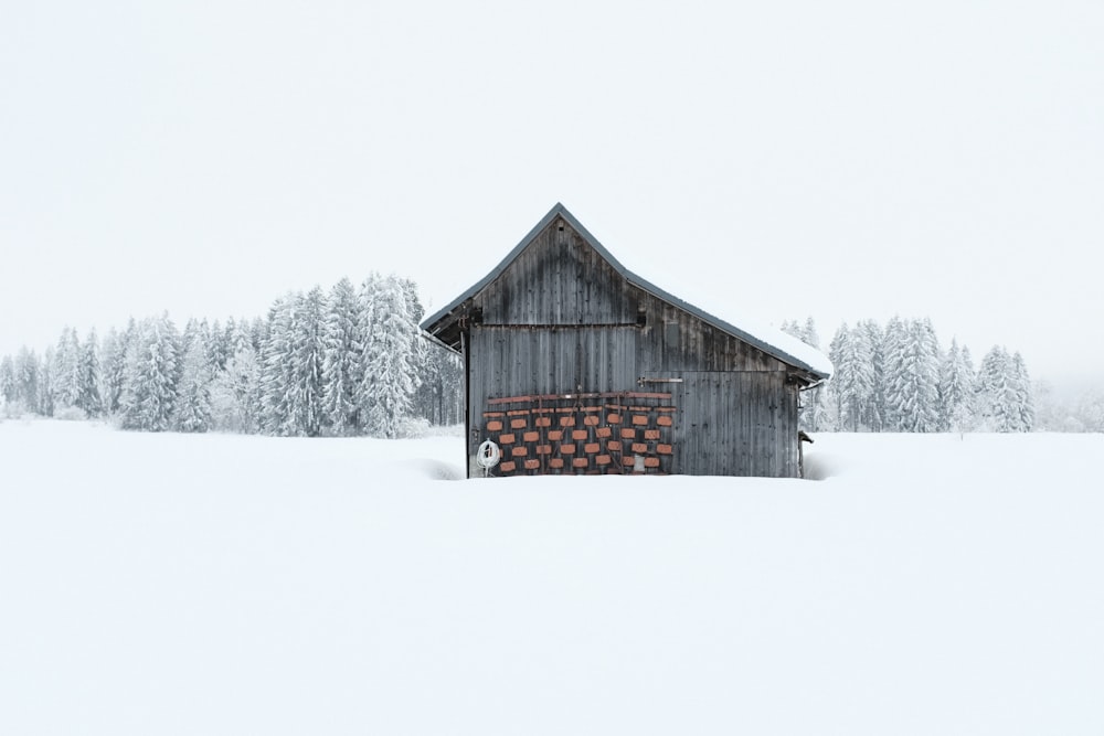 a barn in the middle of a snowy field