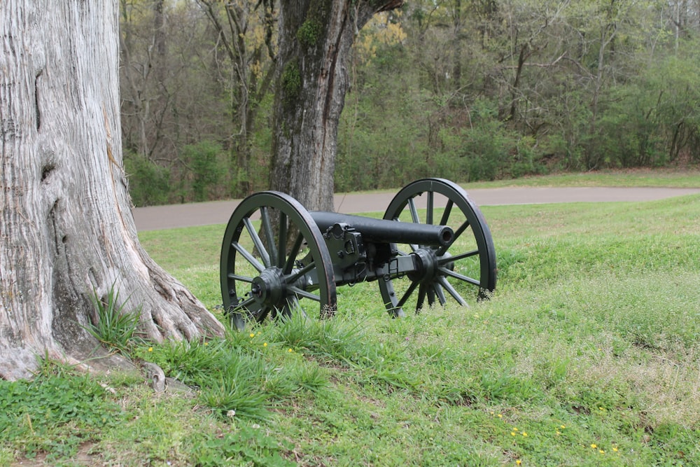 an old cannon sitting in the grass next to a tree