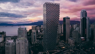 a view of a city with tall buildings and a body of water