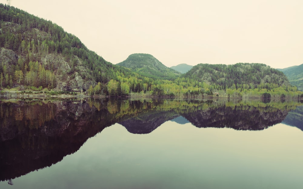 a lake surrounded by mountains and trees