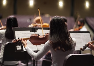 a woman playing a violin in a concert hall