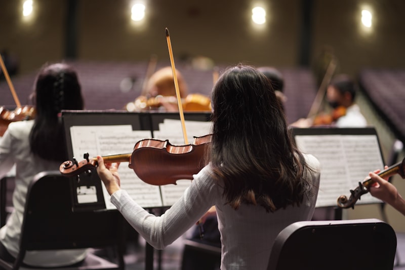 A young woman playing violin in a concert hall