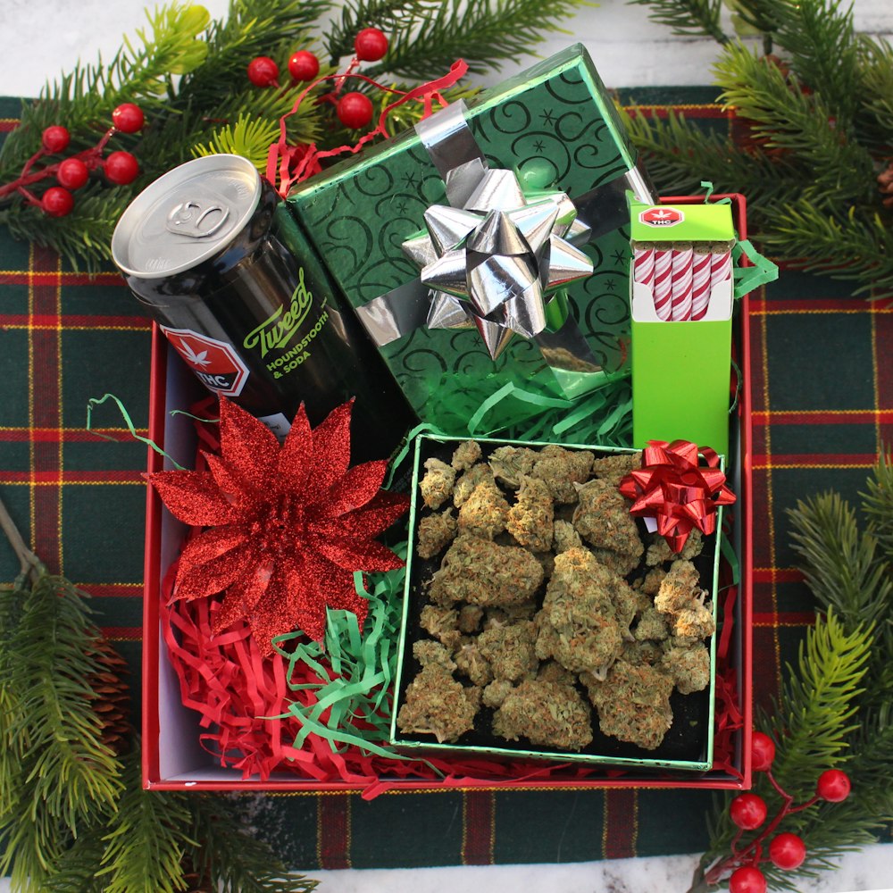 a christmas gift box filled with dog treats