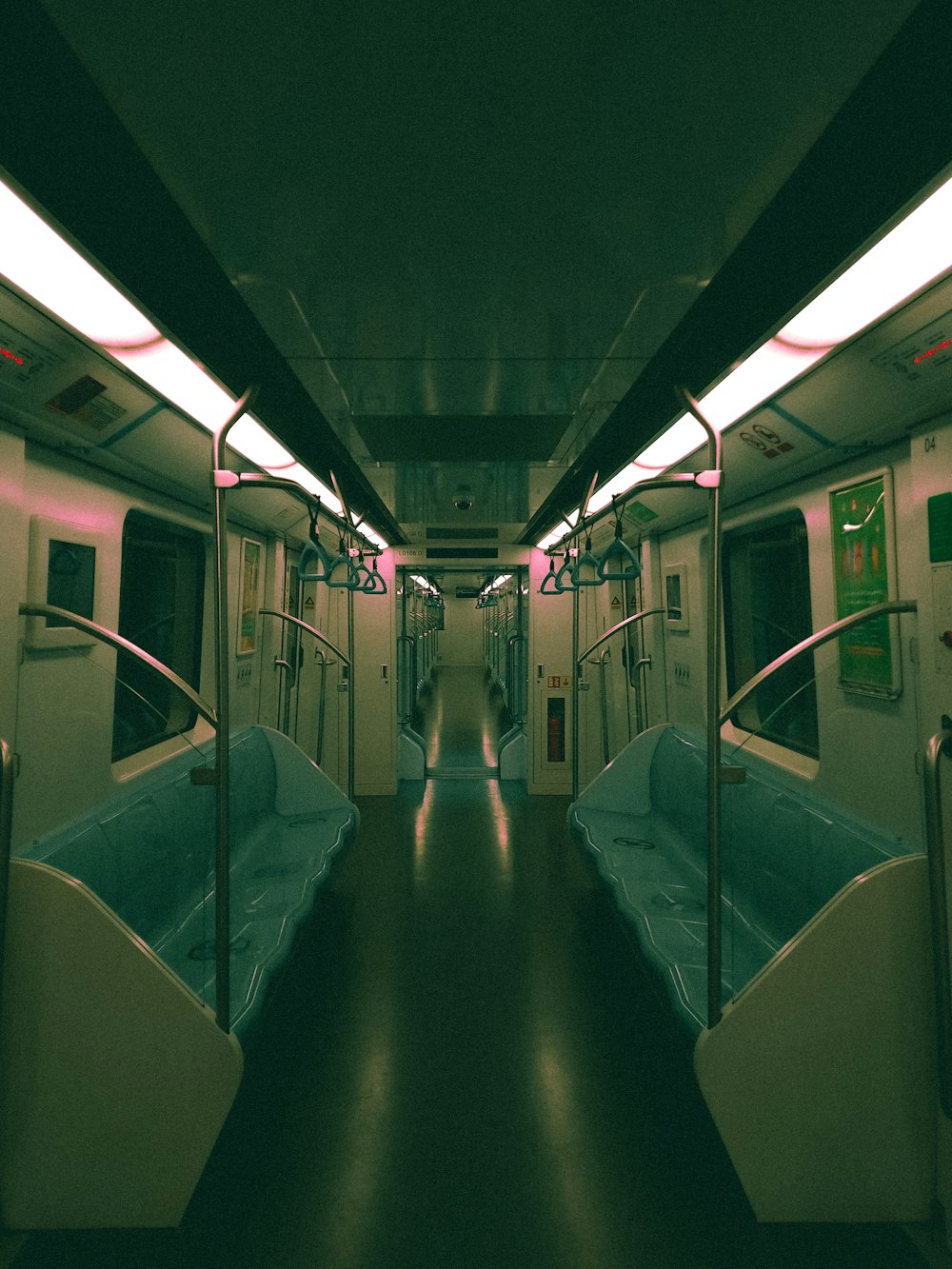 a train car with a row of empty seats