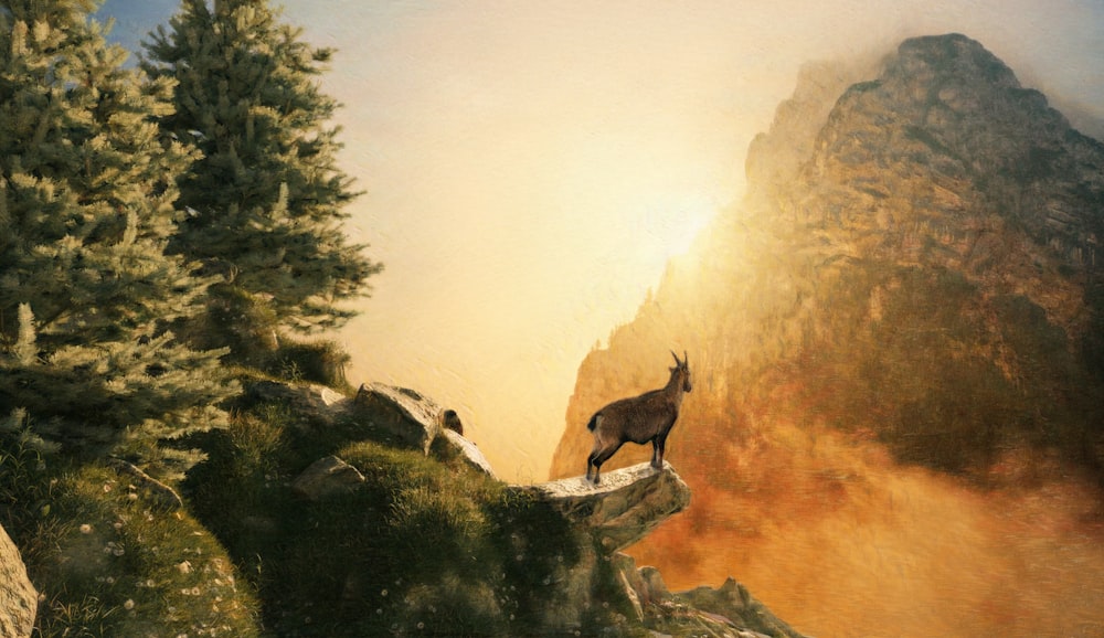 a painting of a deer standing on a cliff