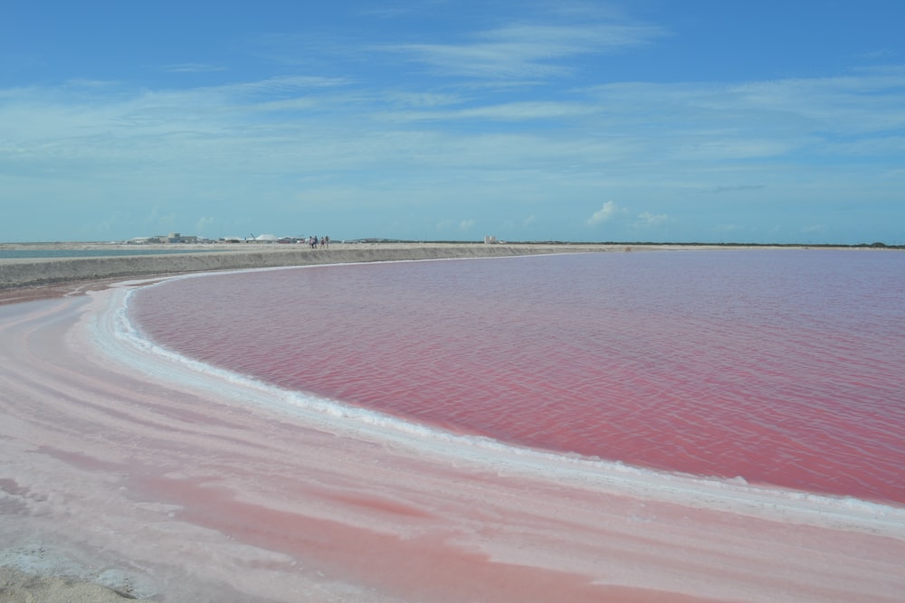 a large body of pink water with a sky background