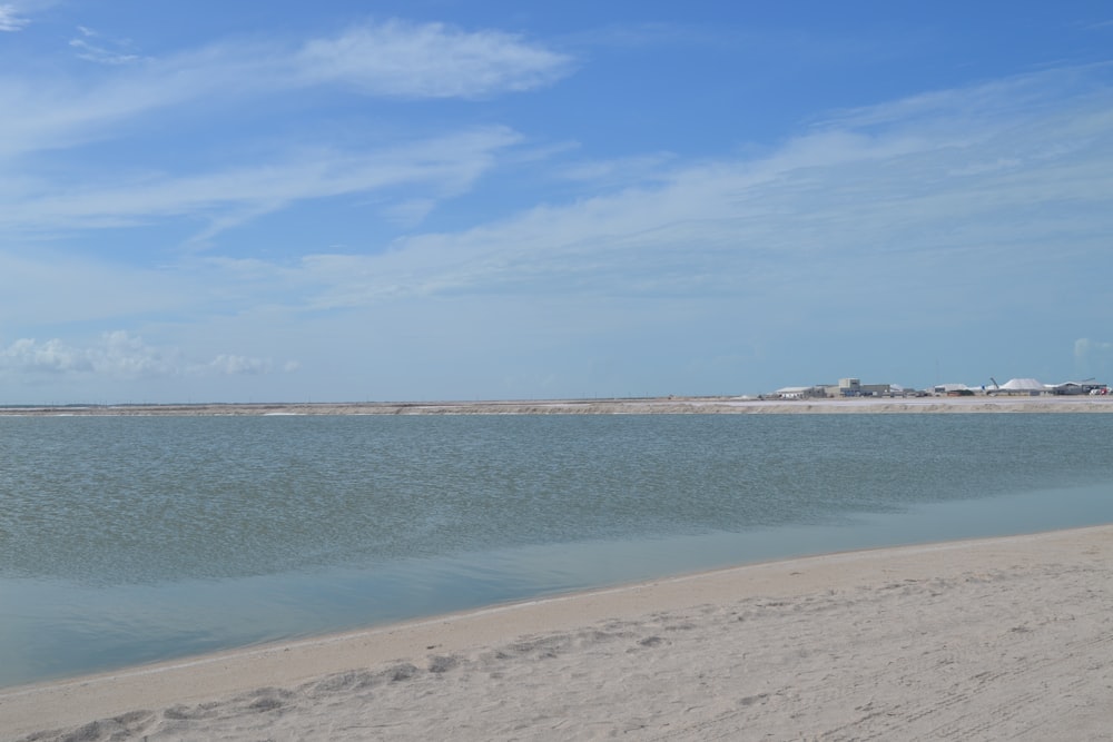 a large body of water sitting next to a sandy beach