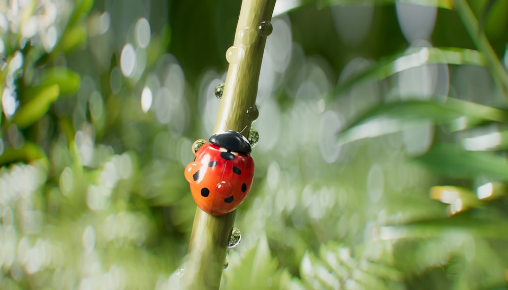 a ladybug sitting on top of a green plant