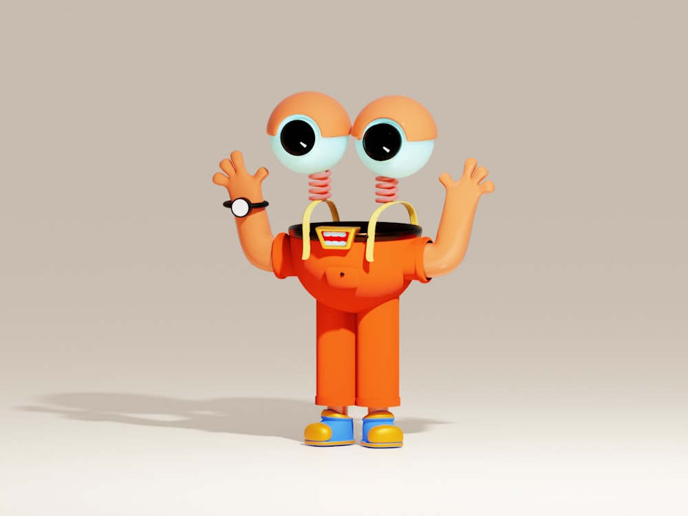 Eine orangefarbene Zeichentrickfigur mit zwei Augen und einem Rucksack