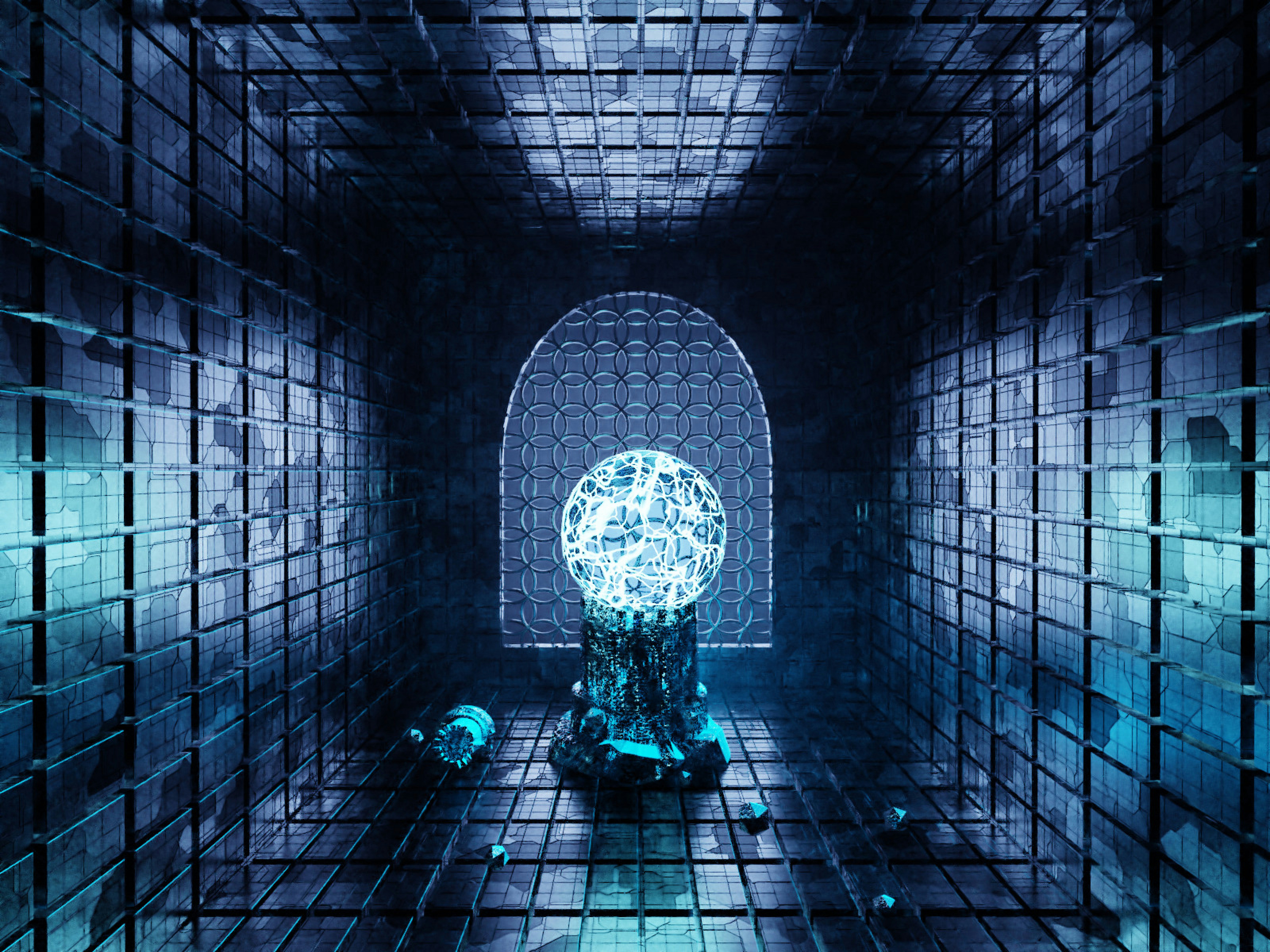 Man standing in a tunnel with a glowing orb in the center, Branimo concept image