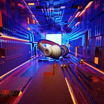 A pair of large, modern headphones floats in a vibrant, digital tunnel-like environment filled with bright, colorful lights and intricate patterns. The space gives an immersive, futuristic feel with blue and orange tones dominating the scene.