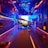 A pair of large, modern headphones floats in a vibrant, digital tunnel-like environment filled with bright, colorful lights and intricate patterns. The space gives an immersive, futuristic feel with blue and orange tones dominating the scene.