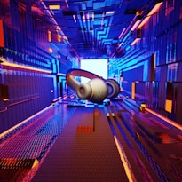 A pair of large, modern headphones floats in a vibrant, digital tunnel-like environment filled with bright, colorful lights and intricate patterns. The space gives an immersive, futuristic feel with blue and orange tones dominating the scene.