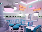 a restaurant with a checkered floor and neon lights