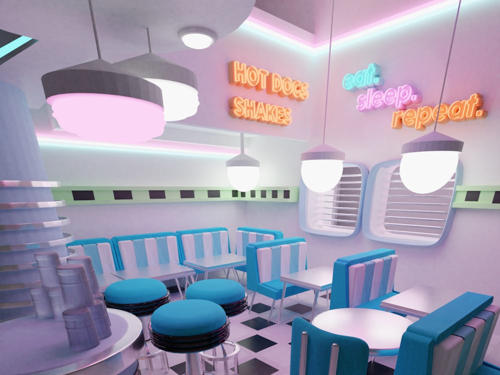 a restaurant with a checkered floor and neon lights