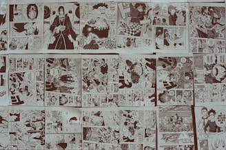A collage of monochromatic manga panels featuring various characters and scenes. The panels depict action sequences, emotional moments, and dialogues between characters. The scenes vary in complexity from intense battles to calm, conversational settings. Speech bubbles are present throughout the panels, contributing to the narrative.