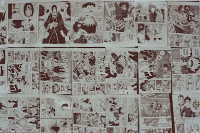 A collage of monochromatic manga panels featuring various characters and scenes. The panels depict action sequences, emotional moments, and dialogues between characters. The scenes vary in complexity from intense battles to calm, conversational settings. Speech bubbles are present throughout the panels, contributing to the narrative.
