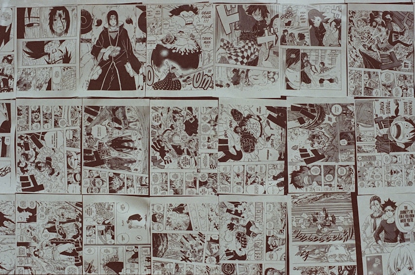 A collage of monochromatic manga panels featuring various characters and scenes. The panels depict action sequences, emotional moments, and dialogues between characters. The scenes vary in complexity from intense battles to calm, conversational settings. Speech bubbles are present throughout the panels, contributing to the narrative.