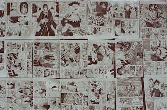 A collage of monochromatic manga panels featuring various characters and scenes. The panels depict action sequences, emotional moments, and dialogues between characters. The scenes vary in complexity from intense battles to calm, conversational settings. Speech bubbles are present throughout the panels, contributing to the narrative.