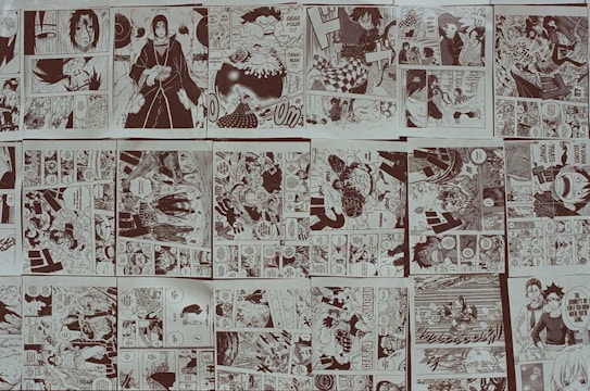 A collage of monochromatic manga panels featuring various characters and scenes. The panels depict action sequences, emotional moments, and dialogues between characters. The scenes vary in complexity from intense battles to calm, conversational settings. Speech bubbles are present throughout the panels, contributing to the narrative.